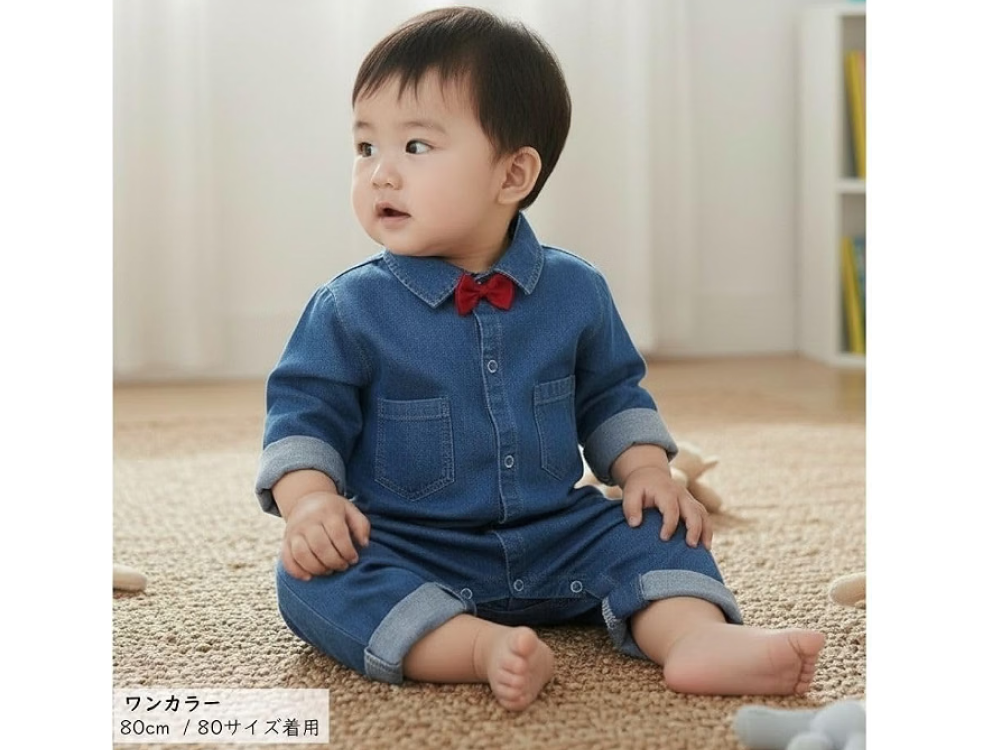 EnDast 蝶ネクタイ付きデニムロンパース